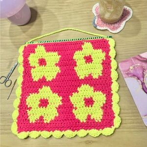 Crochet flower tapestry wall hanger Y2K decor dopamine decor pink neon yellow